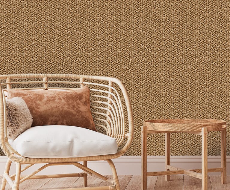 Wall,Mockup,In,Farmhouse,Room,Design,,Wooden,And,Rattan,Furniture