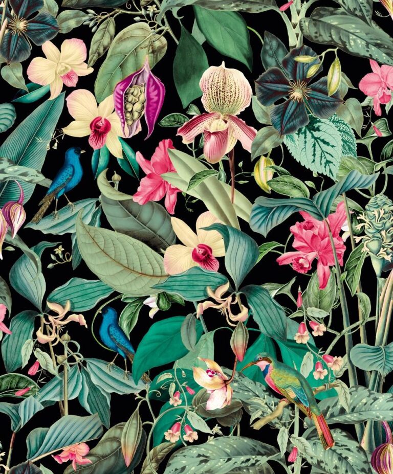 behang bloemen vogels bladeren 81685