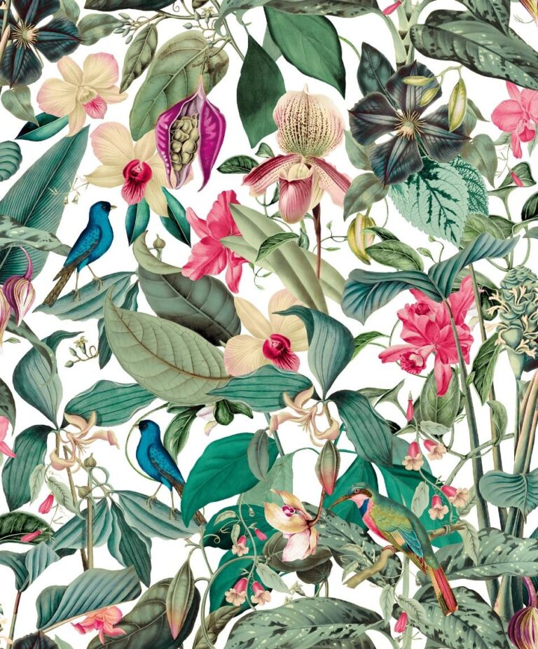 behang bloemen vogels bladeren 81686
