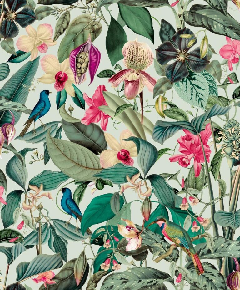 behang bloemen vogels bladeren 81684