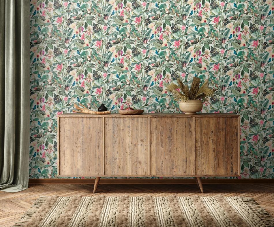 behang bloemen vogels bladeren 81684 s1