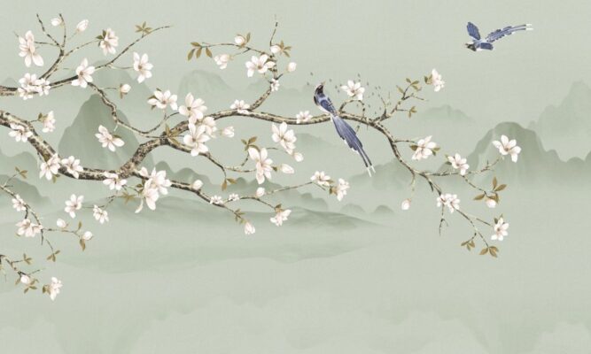 Abstract,Chinoiserie,With,Mountain,Painting,,Ideas,For,Wall,,Room,,Pillow.
