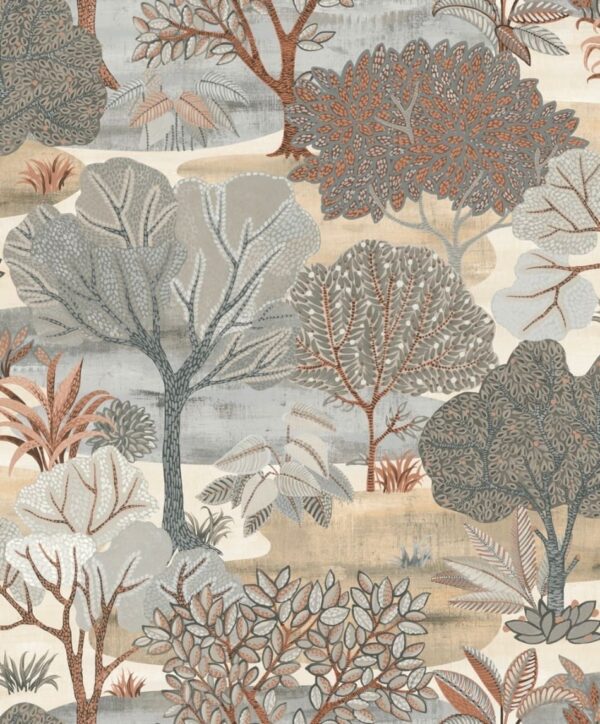 behang vergrijsd groen beige blauw bomen AL26251