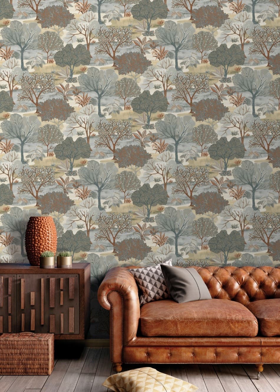 behang vergrijsd groen beige blauw bomen AL26251 s1